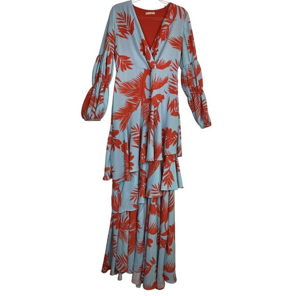 La Pateau Blue‎ Orange Tropical Floral Ruffle Maxi Dress Boho Western Large Sexy - Picture 2 of 5
